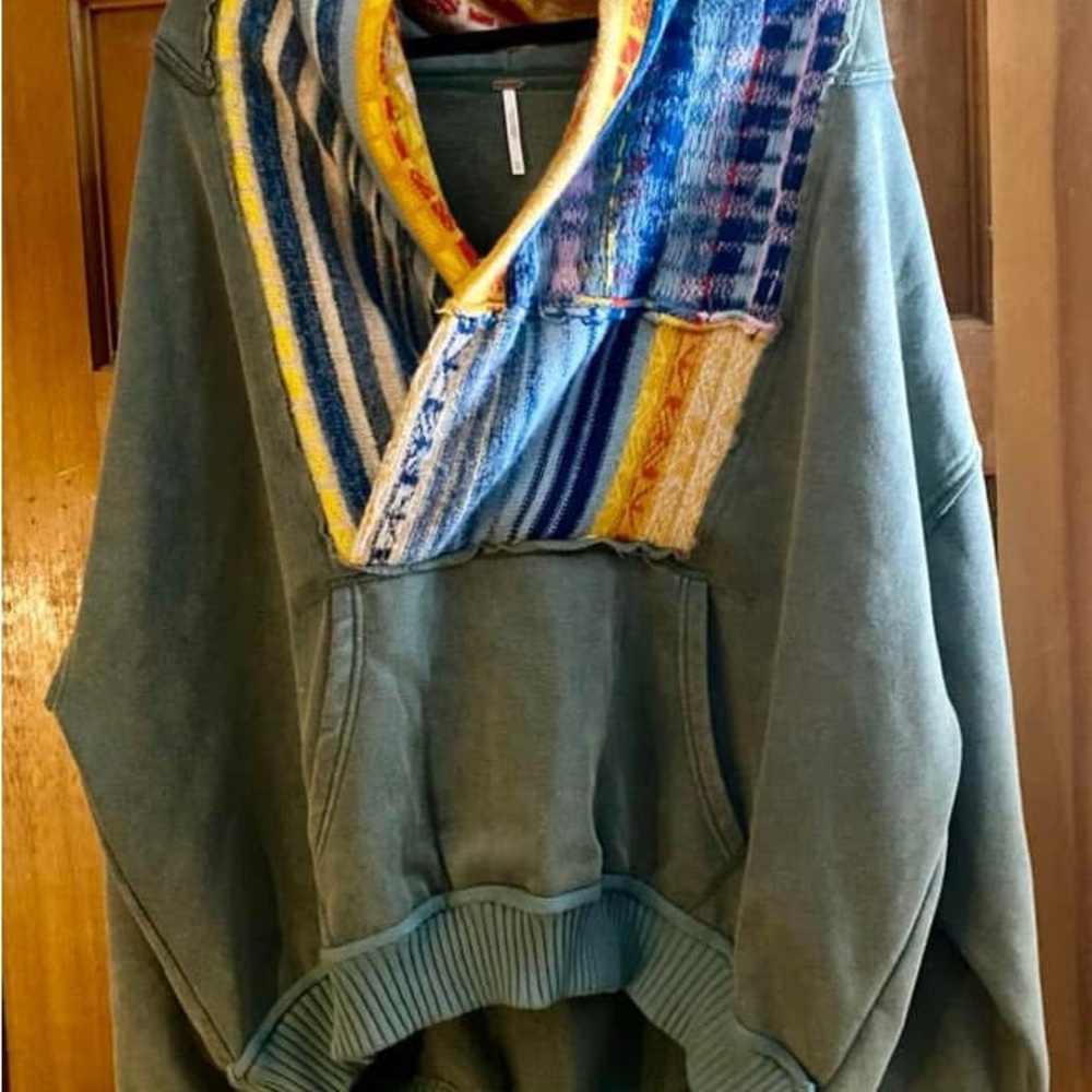 Free People Blue and Yellow Oversized Hoodie